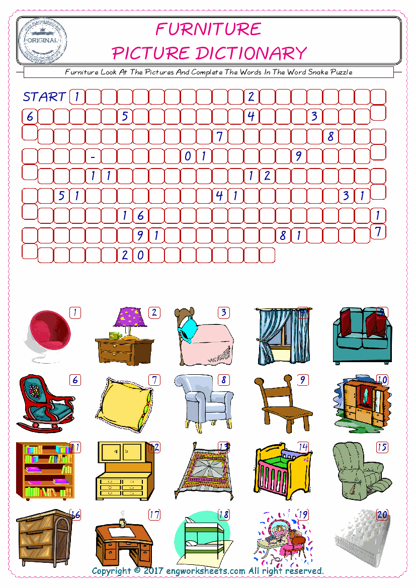  Check the Illustrations of Furniture english worksheets for kids, and Supply the Missing Words in the Word Snake Puzzle ESL play. 
